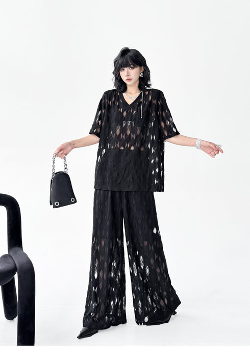 Mesh Diamond Pattern Tops & Pants Co-ord